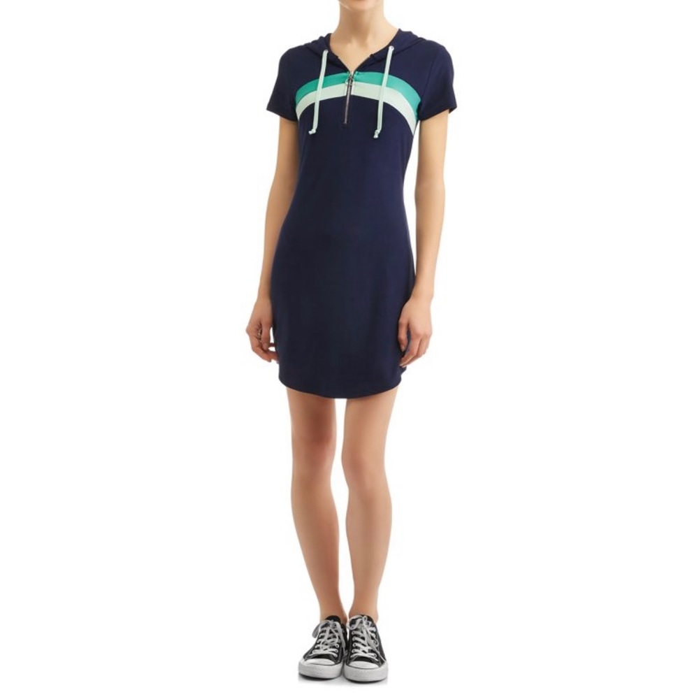 NO BOUNDARIES JUNIORS STRIPED ZIP FRONT SHORT SLEEVE HOODED KNIT DRESS